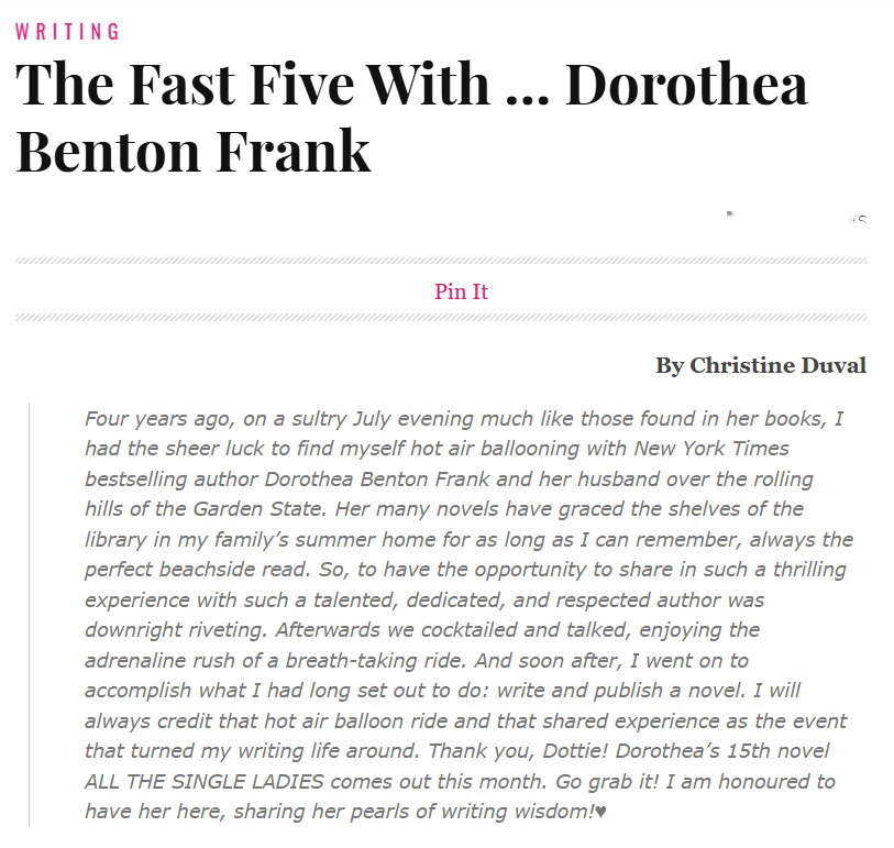 The Fast Five with… Dorothea Benton Frank